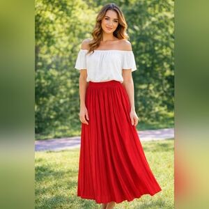 Vintage Elegant Red Pleated Maxi Skirt